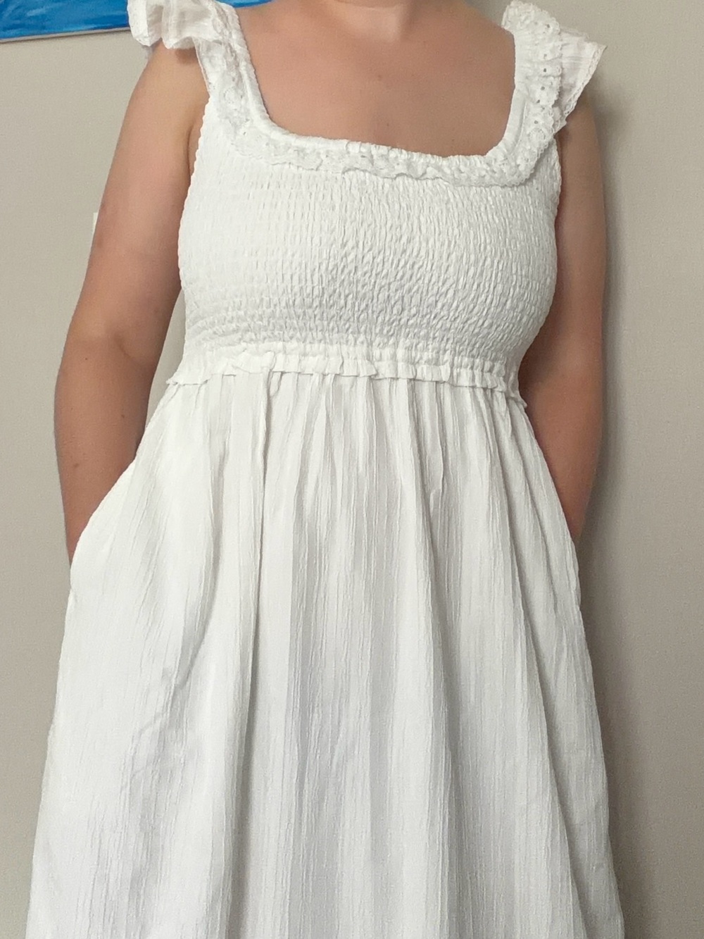 American Eagle Outfitters White Smocked Midi Dress with Ruffle Straps